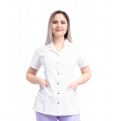 Halat medical dama, maneca scurta, inchidere cu capse, cu insertii lila, tercot, alb