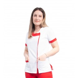 Halat medical dama, maneca scurta, inchidere cu fermoar, cu insertii rosii, tercot, alb