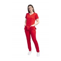 Costum medical dama, bluza si pantalon cu elastic, tercot, M, rosii
