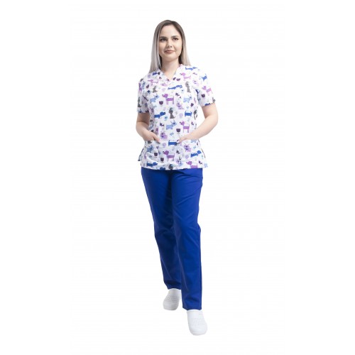 Costum medical dama, bluza cu imprimeu catei si pantaloni albastri cu elastic, tercot, L