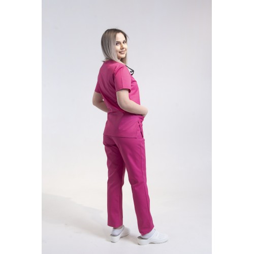 Costum medical unisex bluza cu pantaloni cu elastic, tercot, XXL, ciclam