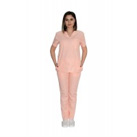 Costum medical dama bluza si pantaloni cu elastic, tercot, piersica